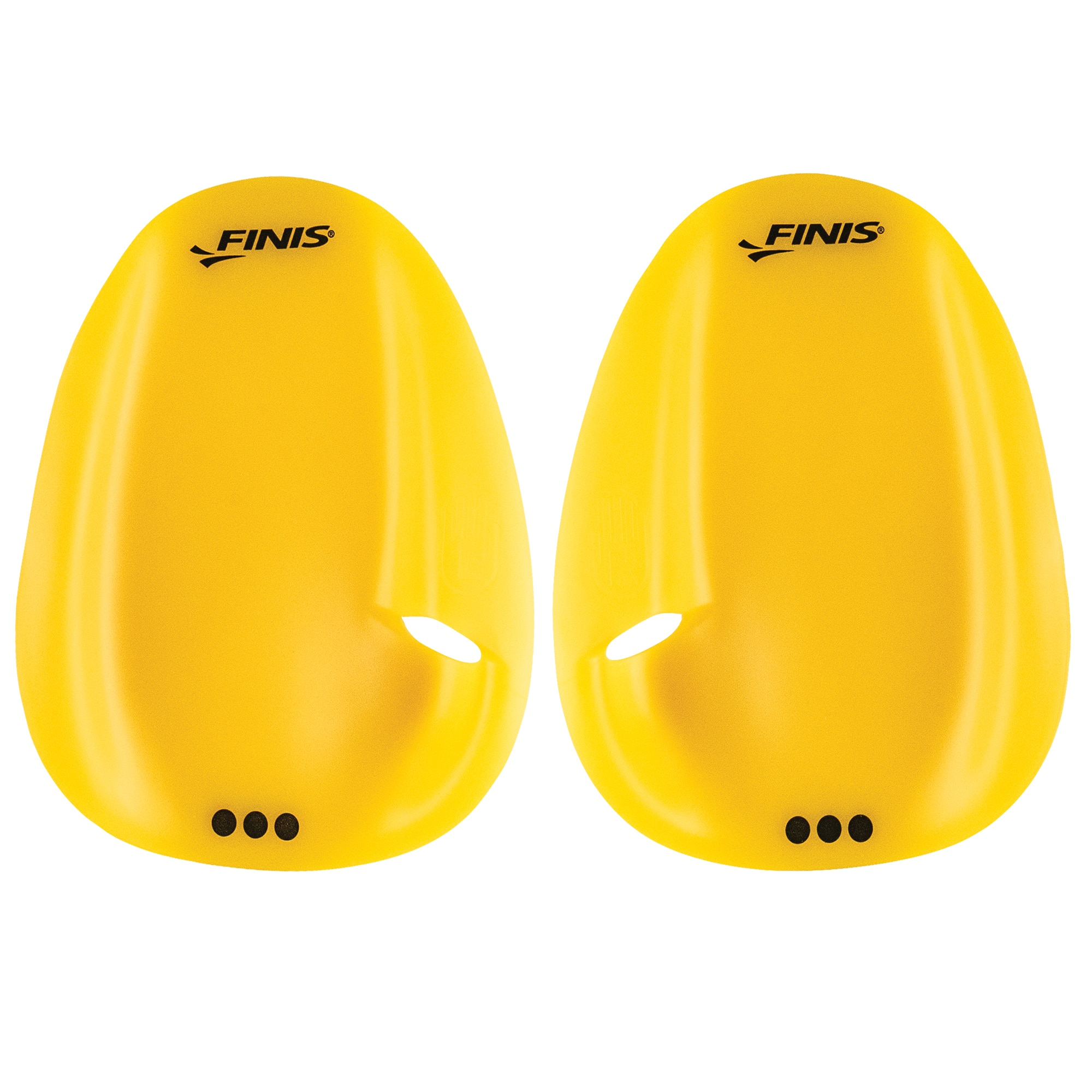 Palas de natación FINIS Agility Paddles Floating en amarillo, sin correas, con contorno de mano.